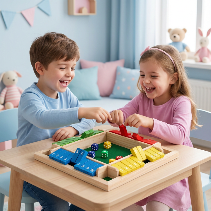 Klappenspiel Familie aus Holz für 4 Spieler; klassisches Würfelspiel & Familienspiel, ideal für Kinder & Erwachsene.