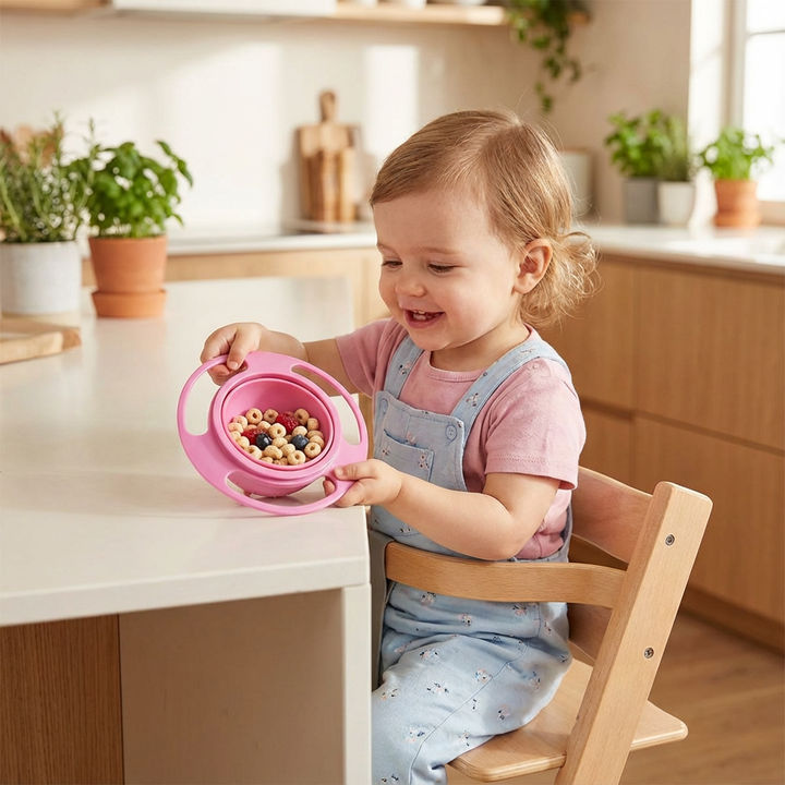 Kleckerfreie Babyschüssel mit Saugnapf für unfallfreies Essen lernen beim Kleinkind. Praktisches Babyzubehör.