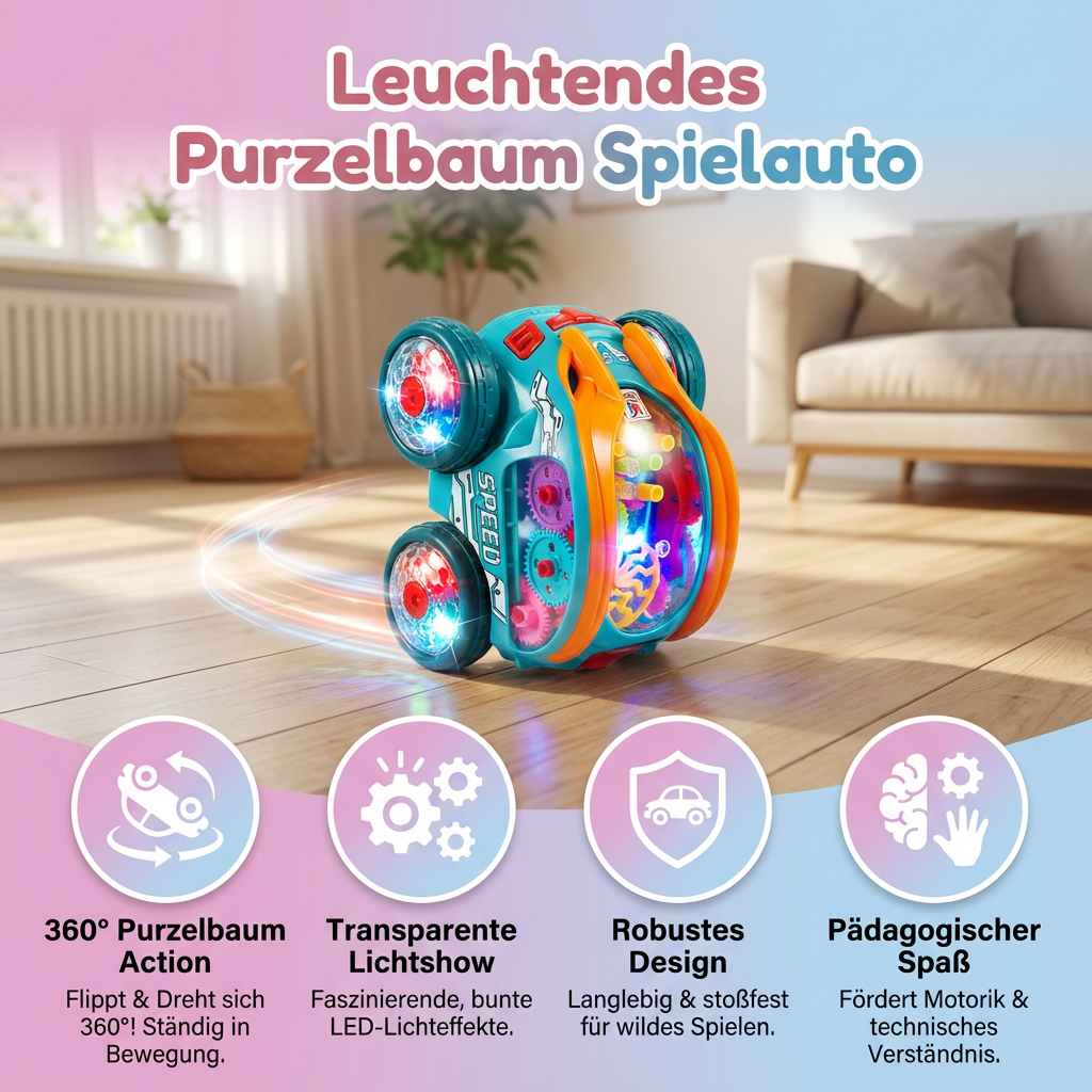 Elektrisches Purzelbaum Auto mit LED-Lichteffekten für Kinder. Robustes Spielzeugauto für endlosen Spielspaß.