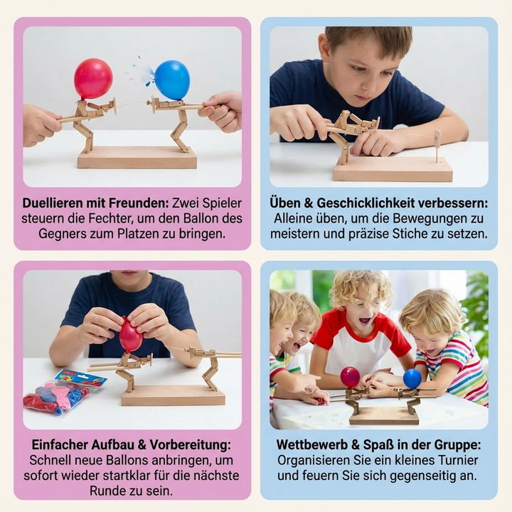 Zwei Kinder lachen beim interaktiven Holz Ballon Duell. Pädagogisches Spielzeug für motorische Fähigkeiten und Spaß.