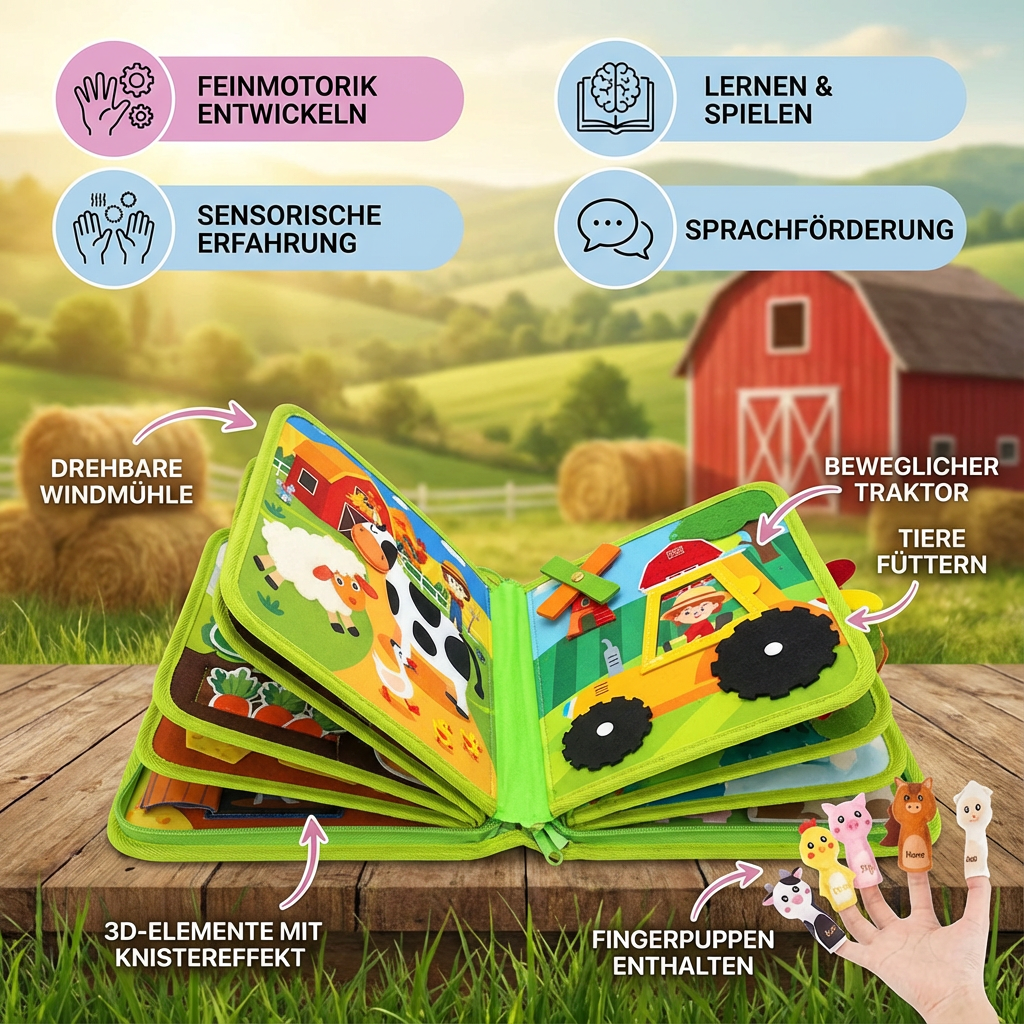 Glückliches Kind lernt mit pädagogischem Montessori Bauernhof Geschichtenbuch; ideal für Kleinkinder und Vorschulkinder.
