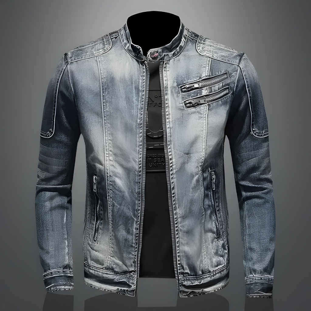 Robuste Herren Vintage Jeansjacke in zeitlosem Design. Perfekte Biker-Freizeitjacke für den stilbewussten Mann.