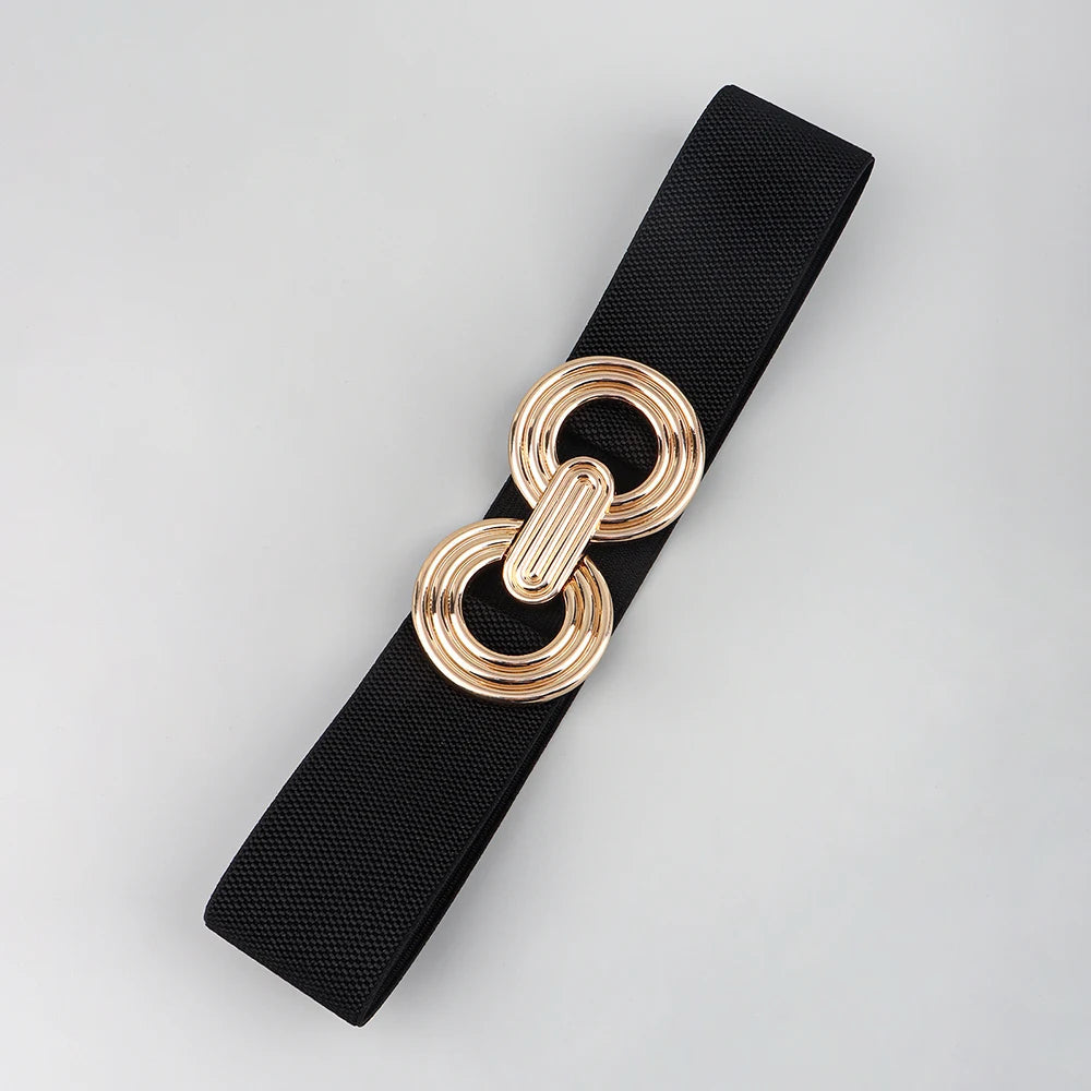 Schwarzer Damen Taillengürtel mit runder, goldener Schnalle. Modisches Accessoire für Kleider.