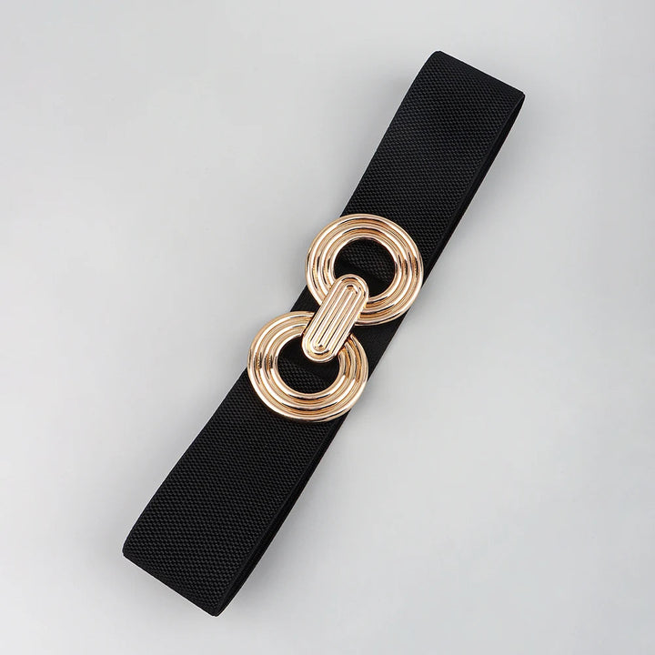 Schwarzer Damen Taillengürtel mit runder, goldener Schnalle. Modisches Accessoire für Kleider.