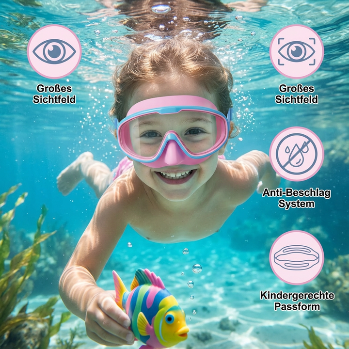 Kinderschwimmbrille Anti-Beschlag, beschlagfrei, breiter Blick, sicherer Halt für Jungen und Mädchen im Wasser.