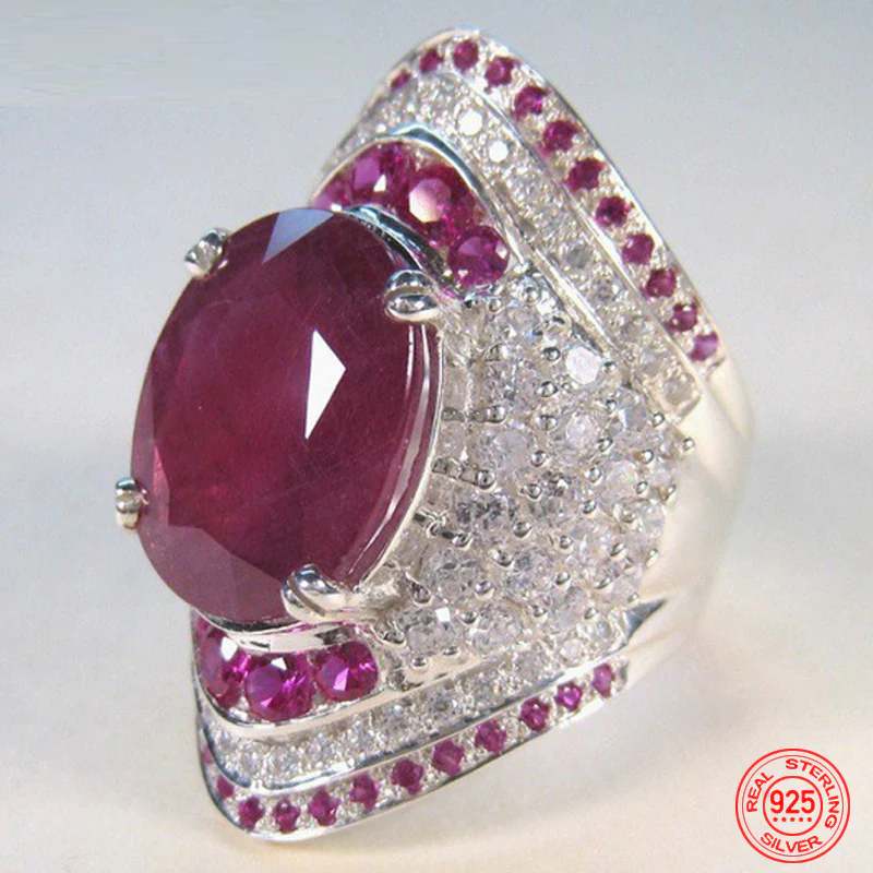 Eleganter Damen 925 Sterling Silber Rubin Ring mit leuchtend rotem Edelstein. Zeitloser Luxus-Schmuck für Frauen.