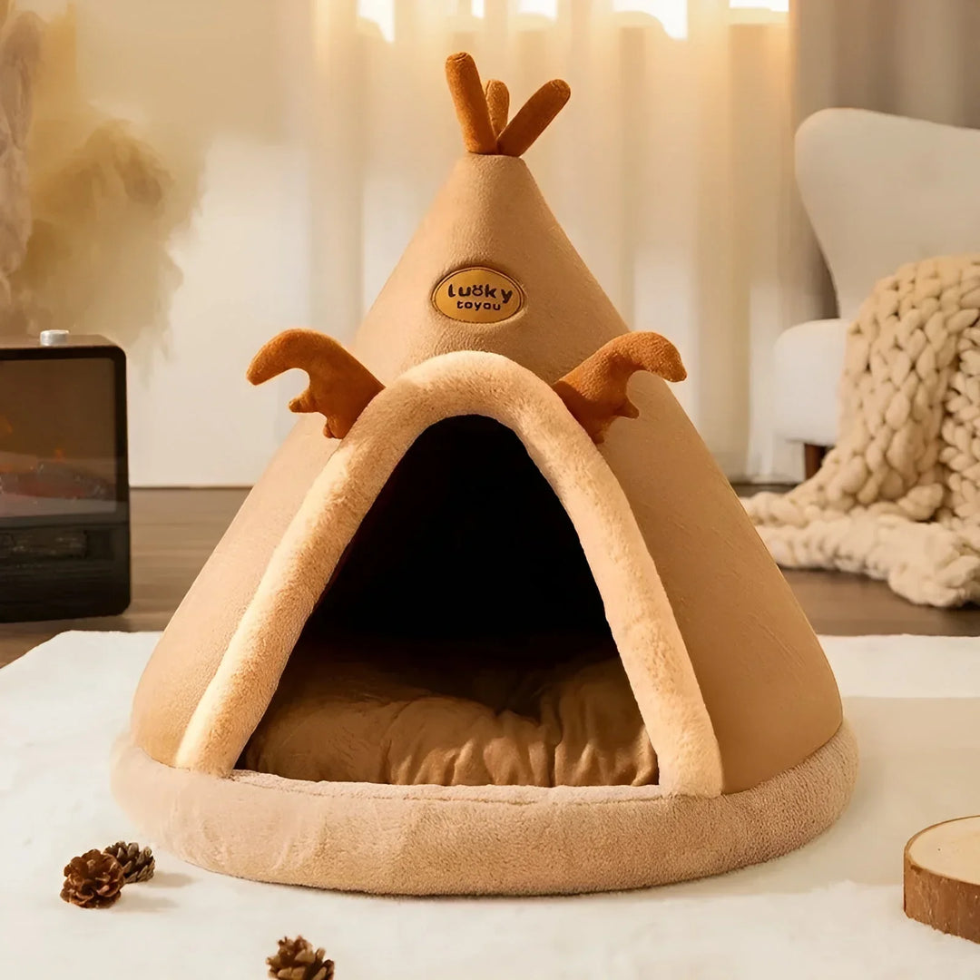 Graues Hundebett & Katzenbett: weiche Kuschelhöhle in Tippi-Form für gemütliche Stunden.