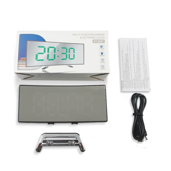 Innovative Schlafzimmeruhr mit gebogenem LED-Display und Weckfunktion.