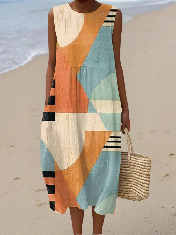 Damen Geometrisches Midi-Kleid mit lockerer, schmeichelhafter Passform. Vielseitiges Sommer-Freizeitkleid für jeden Anlass.