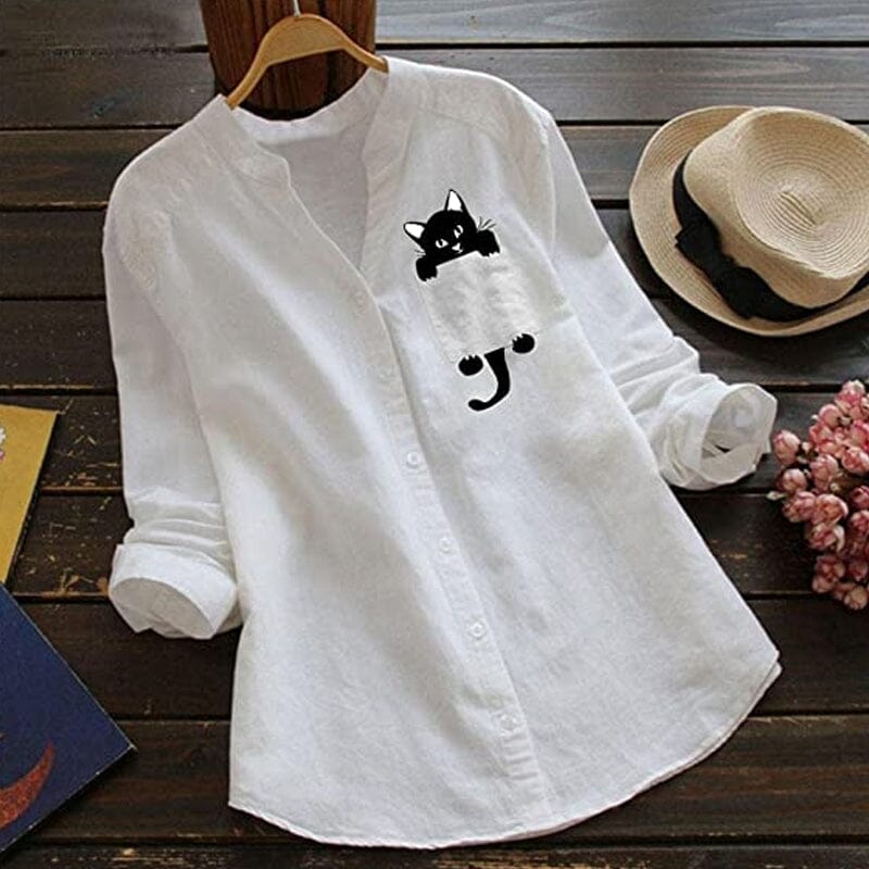 Elegante Damenbluse mit süßem Katzenprint und schmeichelndem V-Ausschnitt. Ideal für Sommer & Freizeit.