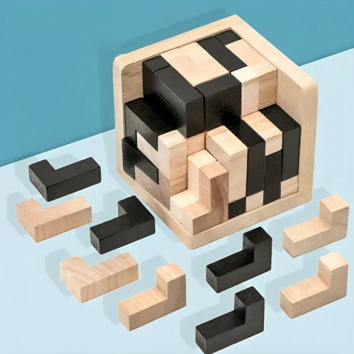 Dekoratives Holz-Denkspiel als 3D-Puzzle, ideal zur Verbesserung der kognitiven Fähigkeiten von jung & alt.