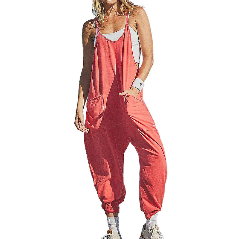 Eleganter Sommer Jumpsuit für Damen, V-Ausschnitt, bequem mit Taschen, ein modischer Ein-Teiler.