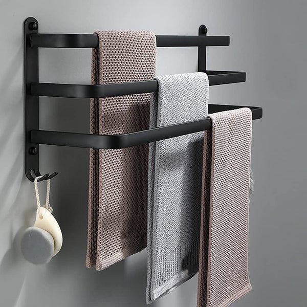 Schwarzer moderner Handtuchhalter aus Aluminium mit 2 Haken, ohne Bohren für Badezimmer.