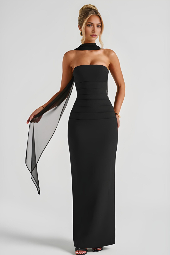 Elegantes, trägerloses Damen Maxikleid, figurbetontes Bodycon Cocktailkleid mit Schal für Abendparty.