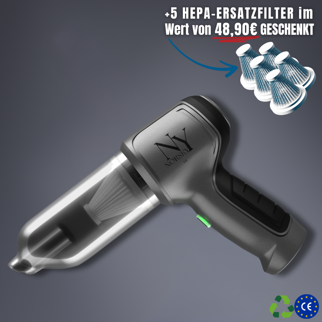 Kompakter Handstaubsauger mit integrierter Druckluftfunktion, perfekt zur Autopflege und Staubentfernung.