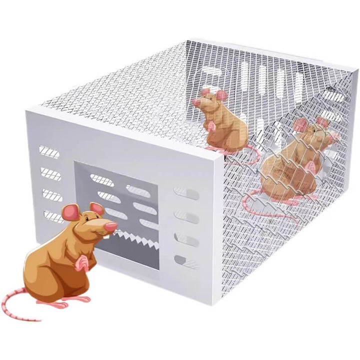 Detailansicht der automatischen Mäusefalle: Robuste Metallkonstruktion mit Fangmechanismus für Nagerkontrolle.