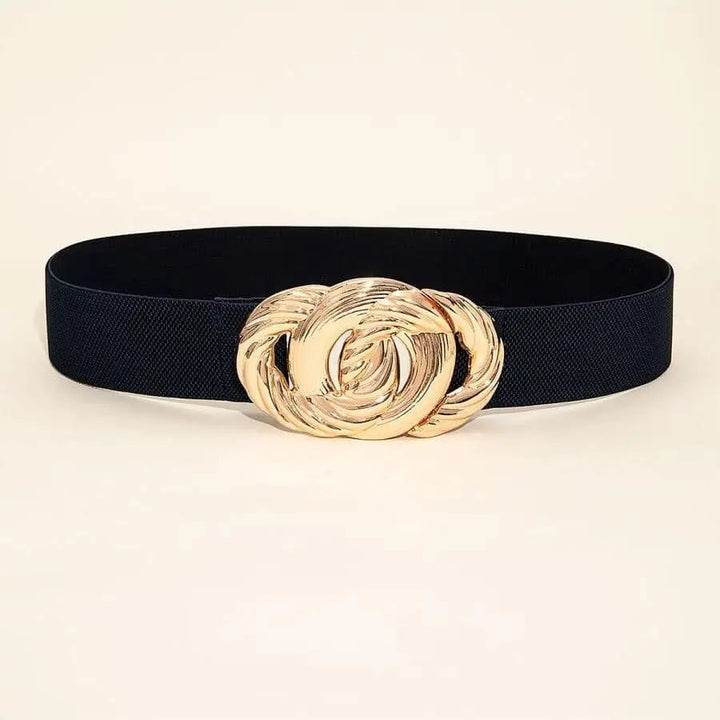 Eleganter schwarzer Damen Stretchgürtel mit Vintageschnalle, perfekt als breiter Kleidergürtel und Modeaccessoire.