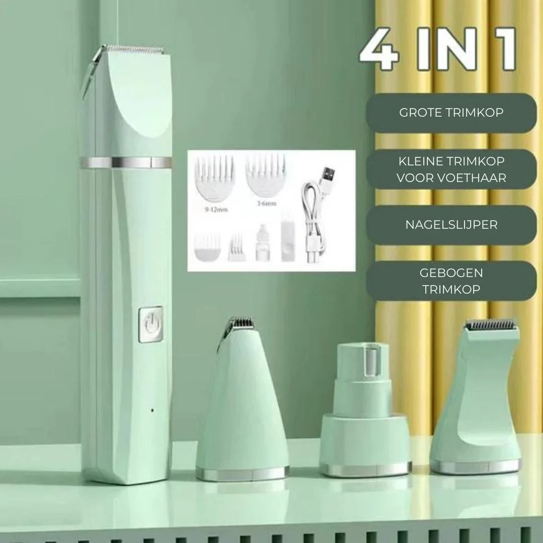 Effizienter 4-in-1 Haustierpflege-Trimmer für Hunde & Katzen: Fell-, Pfoten- & Krallenpflege.