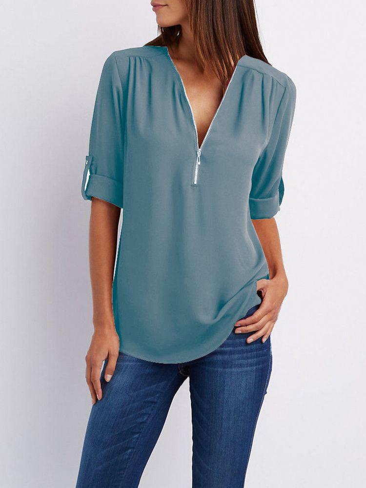 Elegante Damen Langarm Bluse in Weiß, bequem & locker geschnitten für Büro & Alltag.
