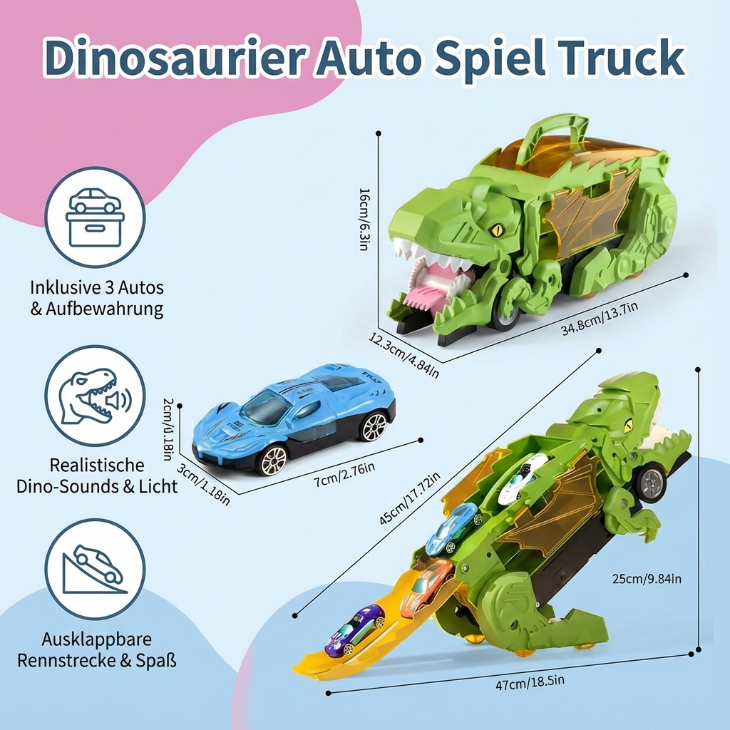 Robuster Dinosaurier Auto Spielzeug Truck für Kinder, verwandelt sich & leuchtet. Ideales Abenteuer-Geschenk.