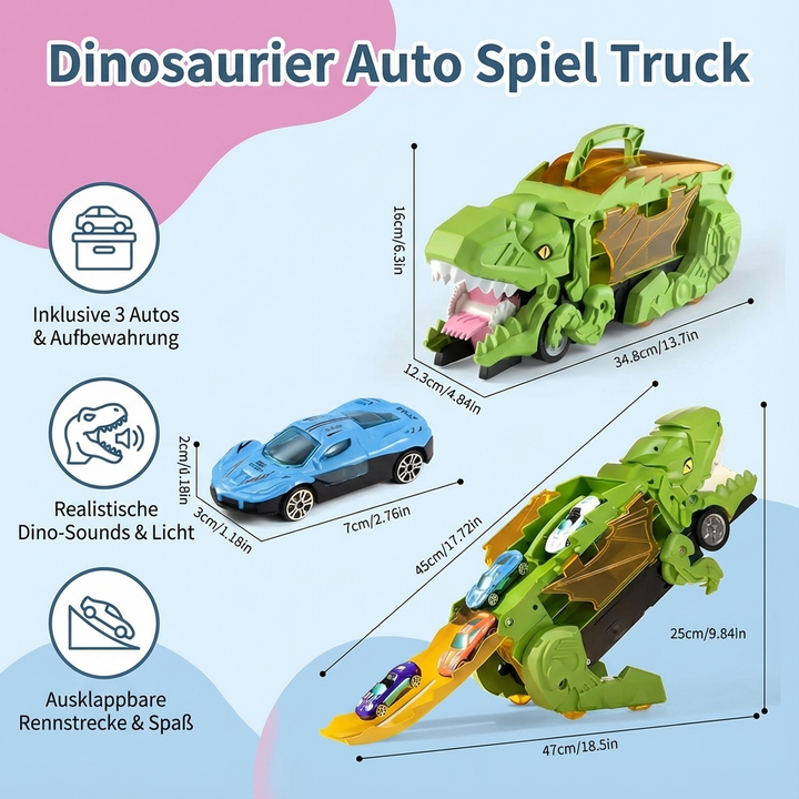 Robuster Dinosaurier Auto Spielzeug Truck für Kinder, verwandelt sich & leuchtet. Ideales Abenteuer-Geschenk.