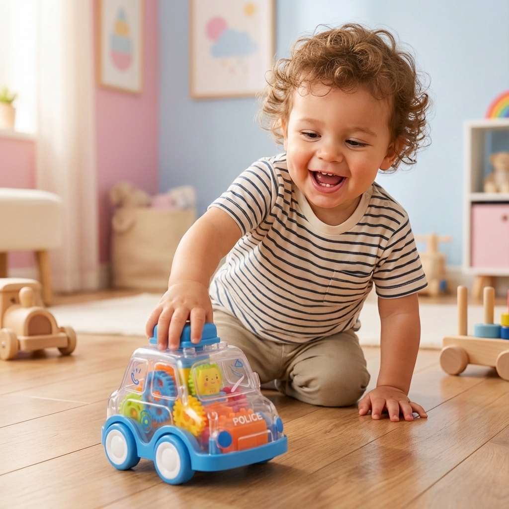 Buntes Kinder Zahnrad Spielauto zum Drücken & Losfahren, fördert Motorik, robustes Lernspielzeug für Kleinkinder.