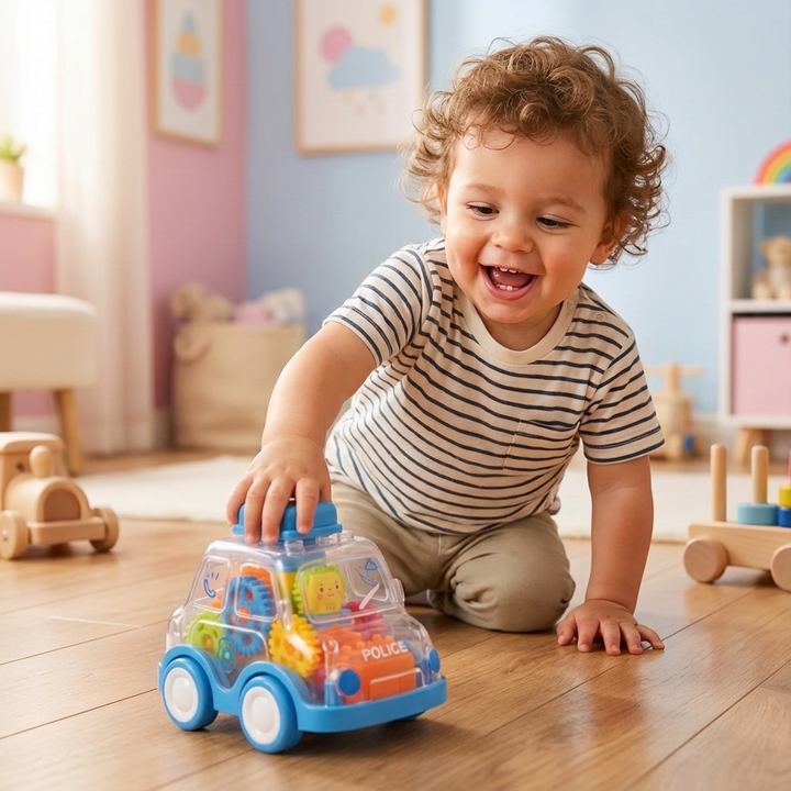 Buntes Kinder Zahnrad Spielauto zum Drücken & Losfahren, fördert Motorik, robustes Lernspielzeug für Kleinkinder.