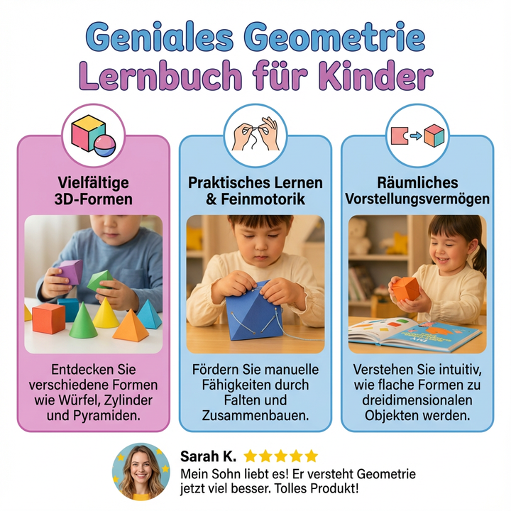 Übersicht des Geometrie-Lernbuchs mit vielfältigen Übungen und bunten Seiten für Vorschule und Grundschule.