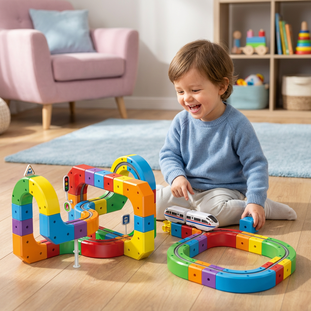 Farbenfrohe Würfelbahn Konstruktionsspielzeug, Kinder bauen eigene Schienen für magische Würfel.