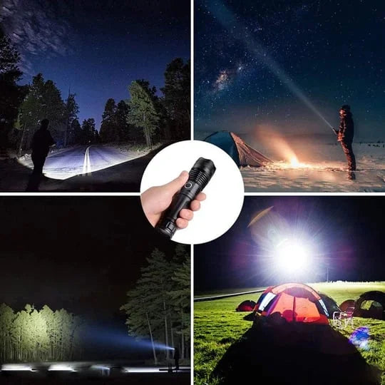 Detailansicht der robusten LED Taschenlampe aus Aluminium, wiederaufladbar. Ideal für Outdoor mit 70.000 Lumen.