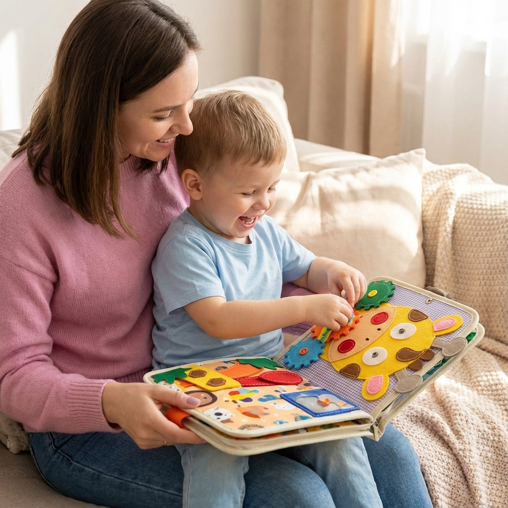Montessori Giraffen Stoffbuch für Kleinkinder, sensorisches Lernspielzeug, fördert Motorik & Entwicklung.