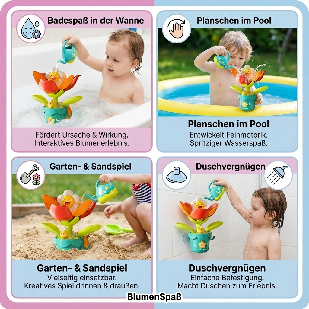 Attraktives Kinder Badespielzeug: Gießkanne und drei bunte Blumen für interaktiven Wasserspaß, tolle Geschenkidee.