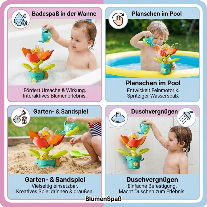 Attraktives Kinder Badespielzeug: Gießkanne und drei bunte Blumen für interaktiven Wasserspaß, tolle Geschenkidee.