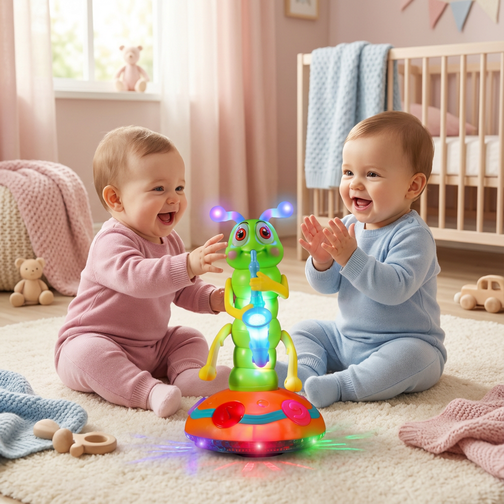 Lustige Saxophon Raupe, die tanzt und Musik spielt. Elektronisches Lernspielzeug mit bunten LED-Lichtern für Kleinkinder.