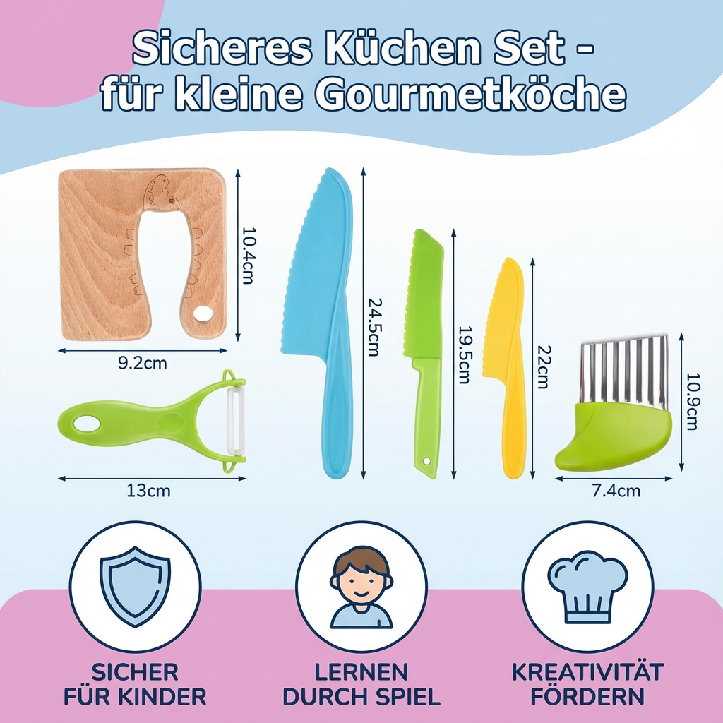 Umfangreiches Kinder Küchen-Set mit bunten, kindgerechten Werkzeugen für sicheres und kreatives Rollenspiel in der Küche.