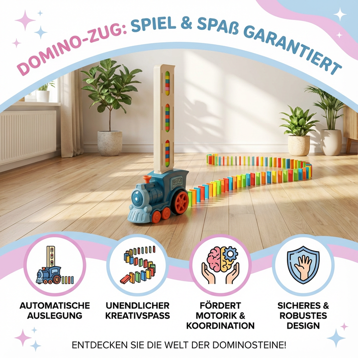 Bunter Domino-Zug fährt und reiht lebendige Dominosteine. Tolles Kinderspielzeug für stundenlangen Bauspaß.