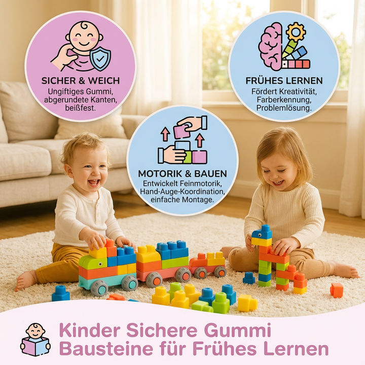 Kleinkind Bausteine aus Gummi, sicher & robust. Unterstützt die Entwicklung von Feinmotorik & räumlichem Denken.