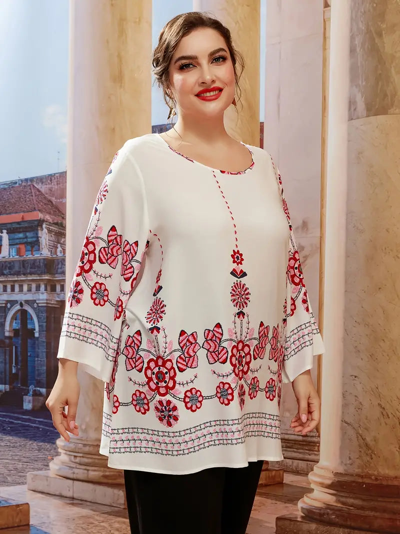 Schicke Damen Tunika Übergröße für Herbstlooks, mit Blumenprint, Langarm, locker und bequem.