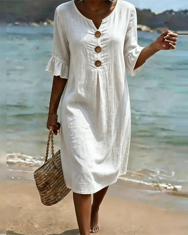 Bequemes lockeres Damen Sommerkleid als Midikleid. Ideal für Casual-Look mit halben Ärmeln und Rundhals.