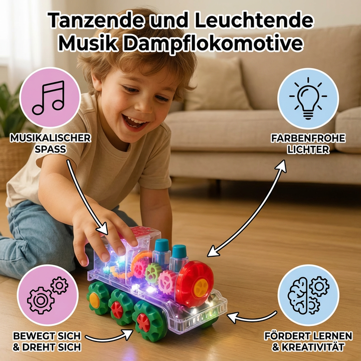 Leuchtende & dampfende Elektrolokomotive als Musikspielzeug für interaktiven Kinderspaß.