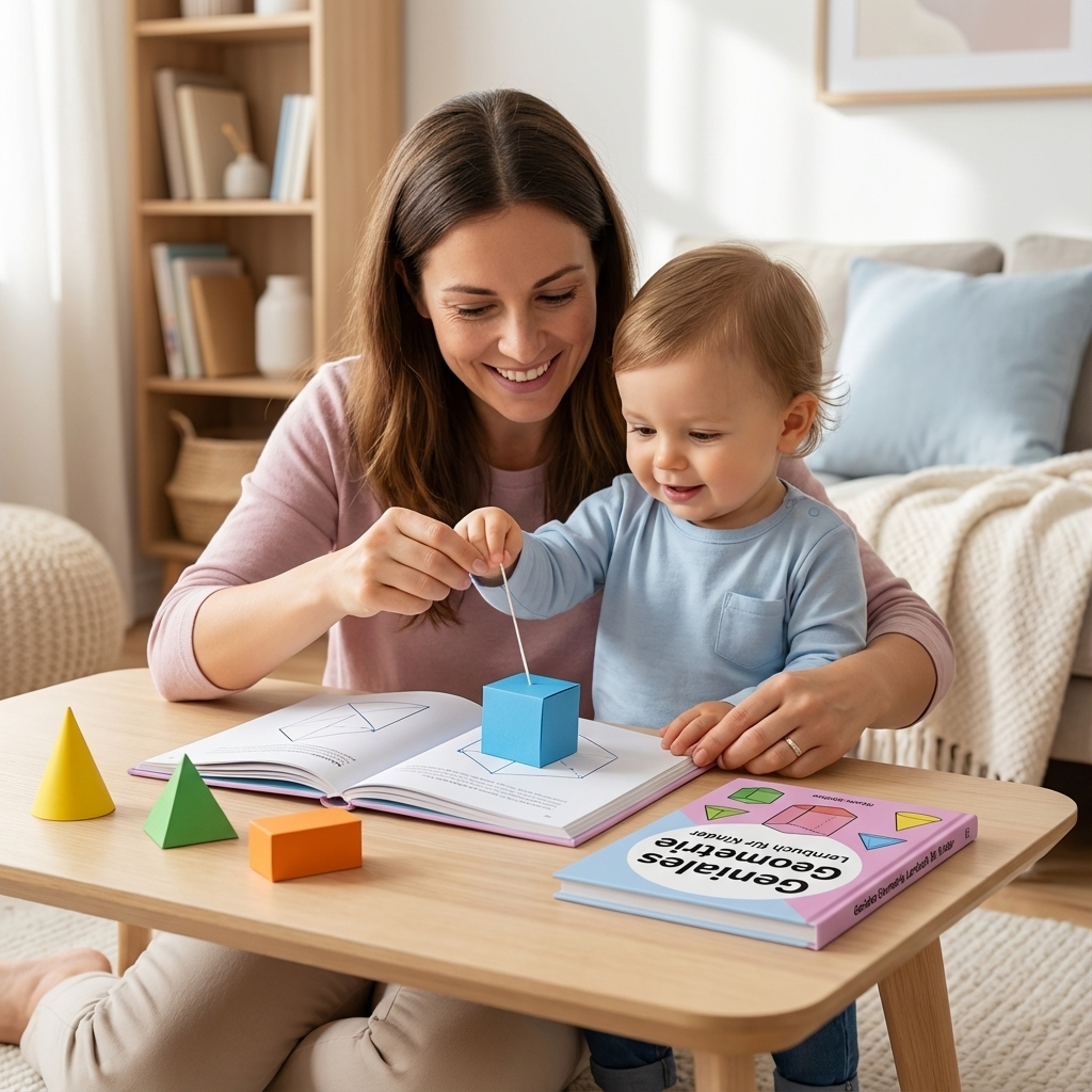 Offene Seite des Mathebuchs mit kindgerechten Illustrationen zur Formenerkennung. Spielend Mathematik lernen.
