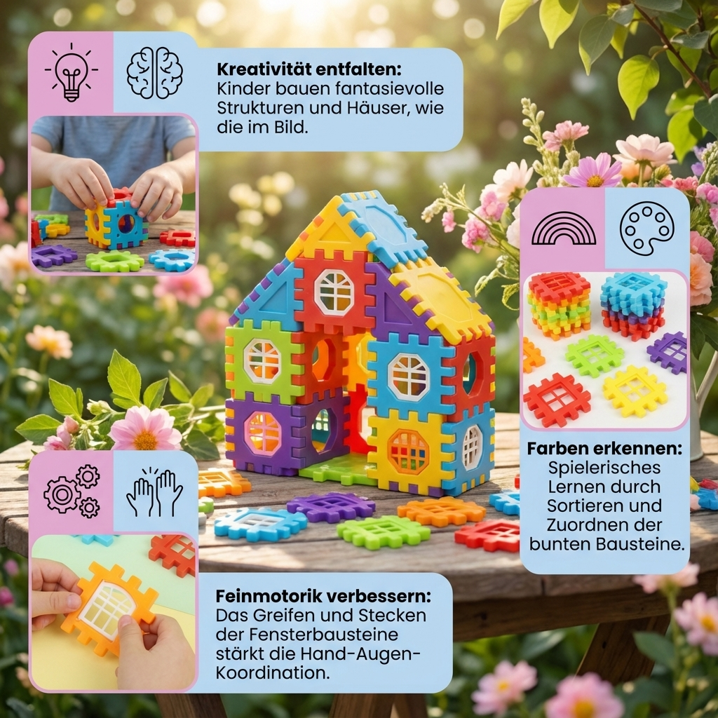Durchsichtige Fenster Bausteine inspirieren Kinder zum Bauen. Ideales Montessori Lernspielzeug für Motorik.