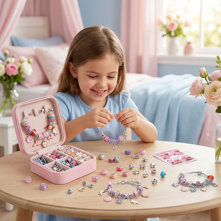 Kinder Schmuck Bastelset zum Kreieren von Halsketten & Armbändern mit bunten Perlen.