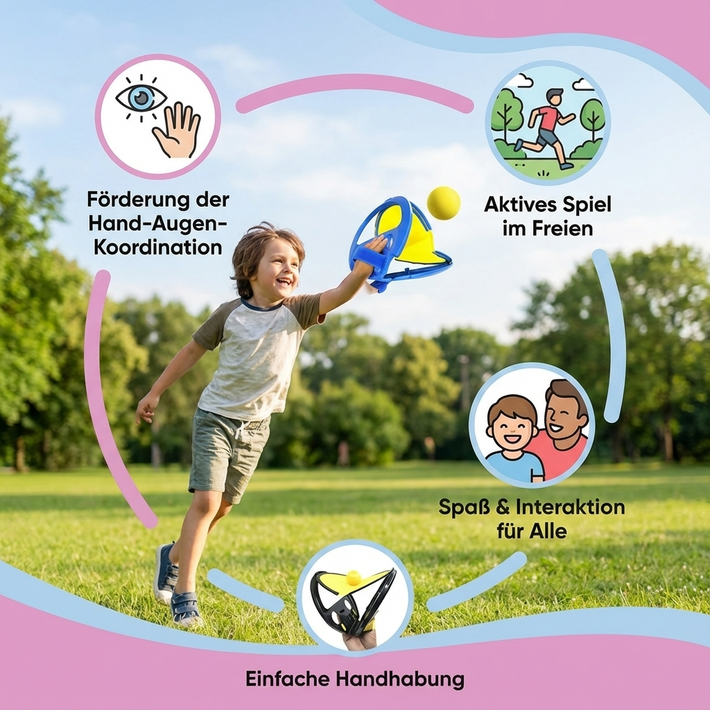 Kinder spielen mit Fang Ball Spiel Set, verbessert Motorik und Teamwork beim Familienspiel.