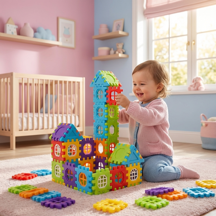 Transparente Montessori Fenster Bausteine laden zum freien Bauen ein. Kreatives Spielzeug für Kinder & Motorik.