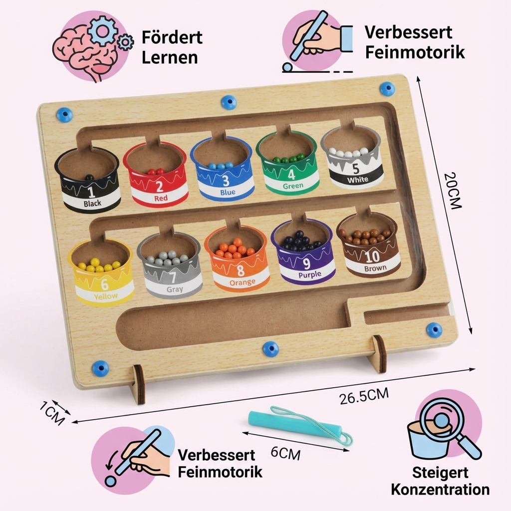 Detailansicht des Magnetlabyrinths mit Zahlen & Farben. Robustes Holzspielzeug für frühkindliche Entwicklung.