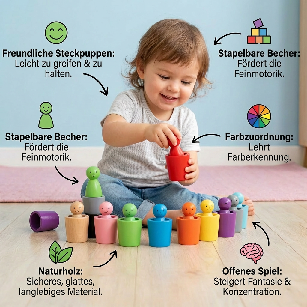 Pädagogisches Holz-Sortierspiel mit farbigen Bechern & Kugeln. Verbessert kognitive Fähigkeiten & Hand-Augen-Koordination.