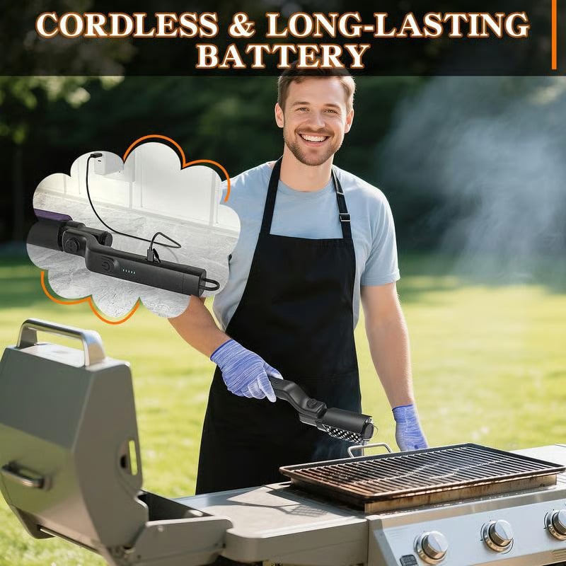 Kabellose elektrische Reinigungsbürste mit Akku für gründliche Säuberung des Grillrosts nach dem BBQ.