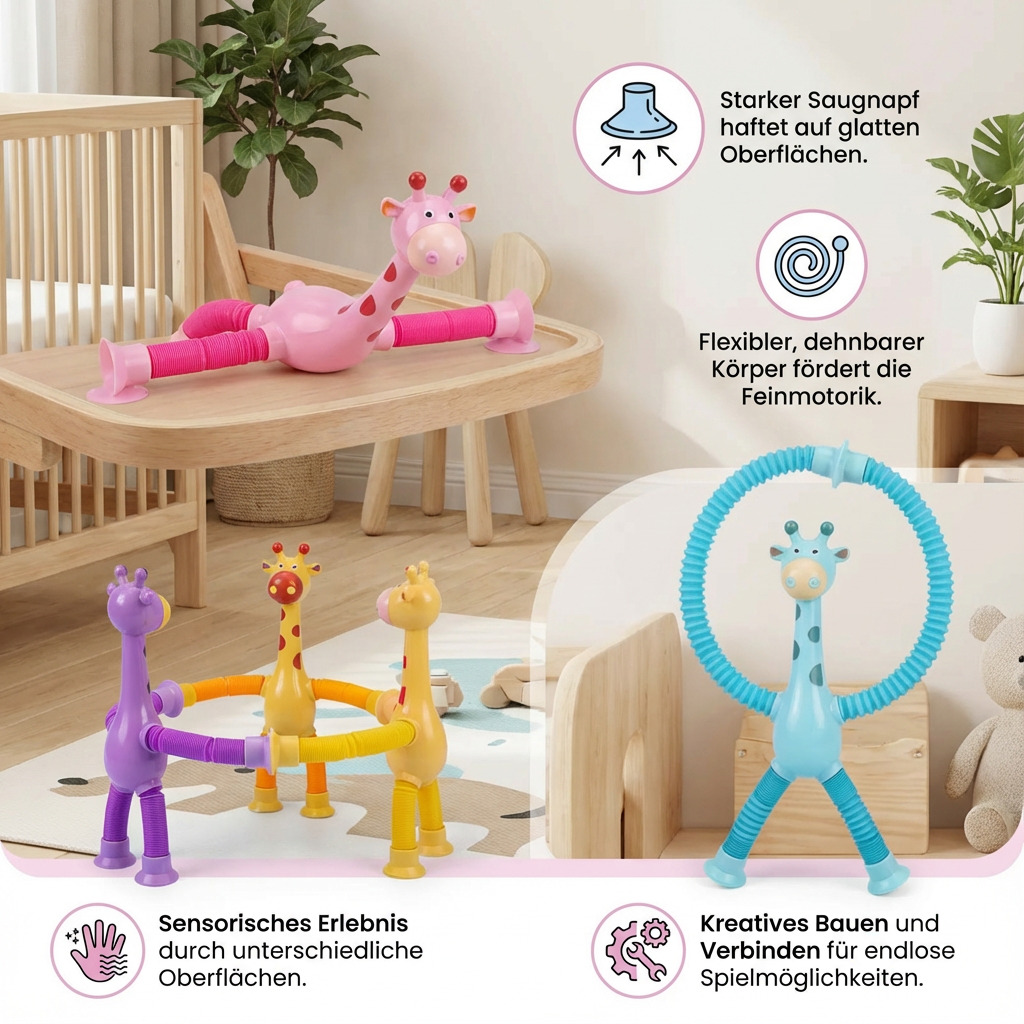 Motorikspielzeug: sensorische Saugnapf-Giraffe, buntes Lernspielzeug für Babys und Kleinkinder.