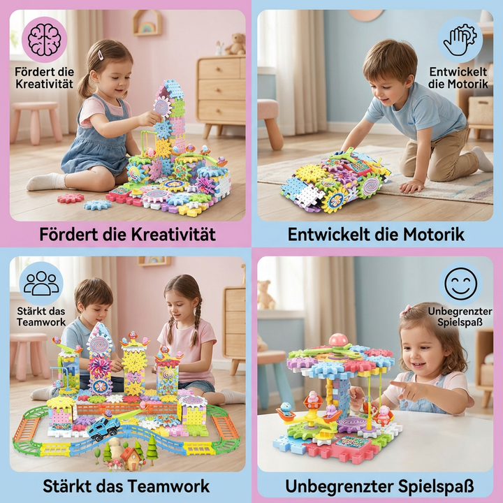 Detailansicht der bunten Zahnrad-Bausteine, die sich zu einem rotierenden System verbinden lassen.